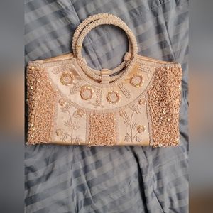 Dark cream/peach satin handmade vintage beaded purse w/zipper, mint condition!